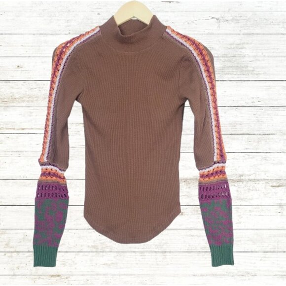 NEW Free People Top XS Brown Thermal Knit Multi‎ Crochet Sleeves Detail Boho - Picture 1 of 11